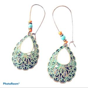 NWT Boho Southwestern Antiqued Gold‎ Tone Filigree Beaded Hoops